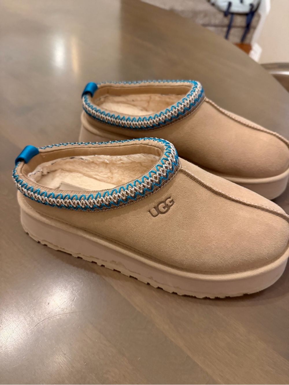 UGG Women's Tasman Slip-On Platform Clog in Tan with Blue Trim